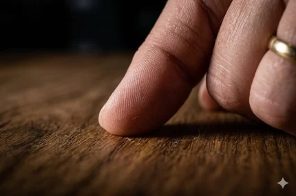 Hand dat de nerf van hout aanraakt.